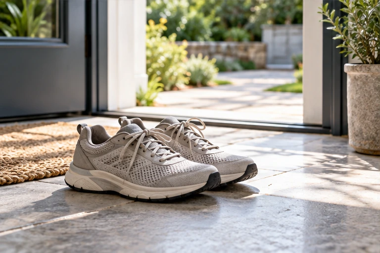Walking shoes beside the door